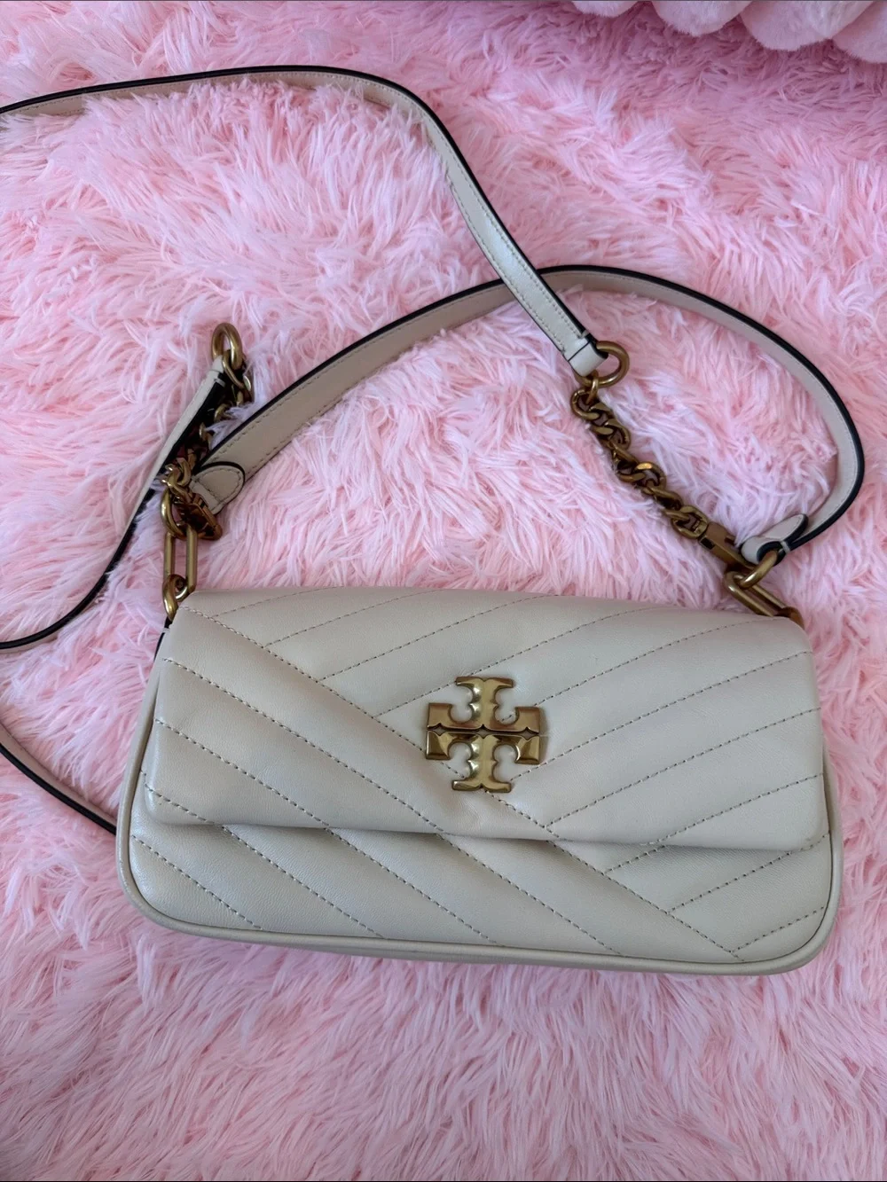 Tory Burch Cream Quilted Leather Crossbody with Gold Logo